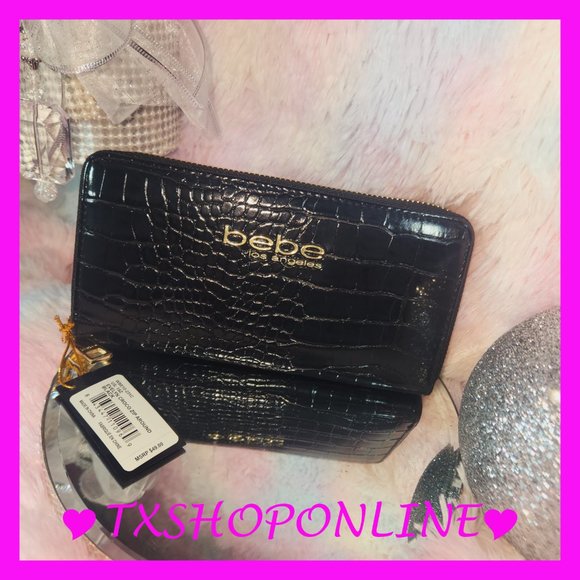 bebe Handbags - bebe Logo Zip Around Wallet  Black Gold Evelyn Crocodile NWT